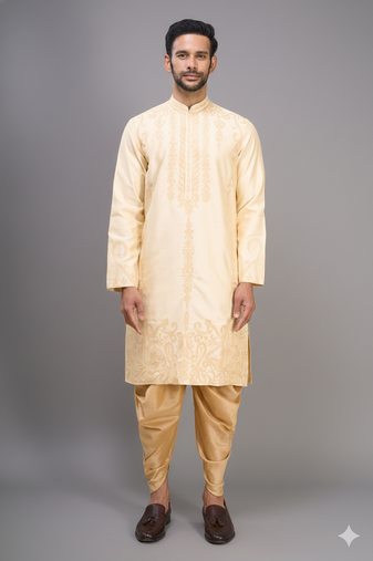 yellow embroidered men’s silk kurta patiala set 