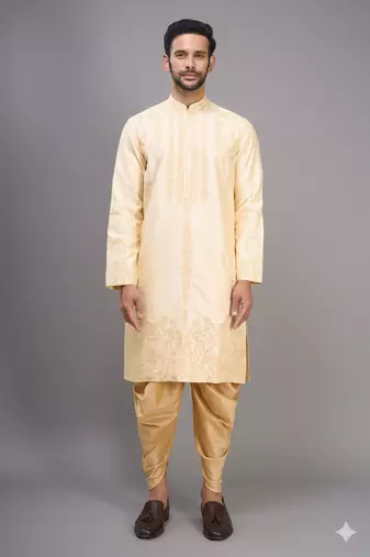 yellow embroidered men’s silk kurta patiala set 