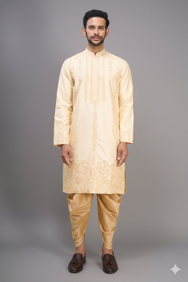 yellow embroidered men’s silk kurta patiala set 