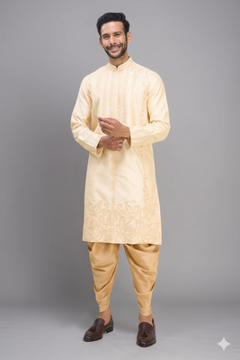 yellow embroidered men’s silk kurta patiala set  2