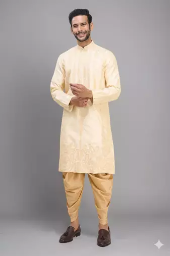 yellow embroidered men’s silk kurta patiala set 
