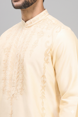 yellow embroidered men’s silk kurta patiala set  3