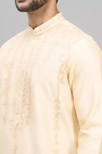 yellow embroidered men’s silk kurta patiala set 