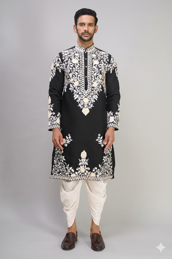 black embroidered men’s silk kurta patiala set