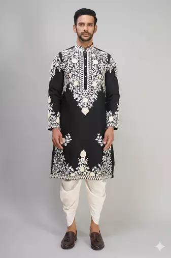 black embroidered men’s silk kurta patiala set
