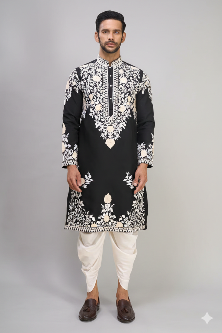black embroidered men’s silk kurta patiala set