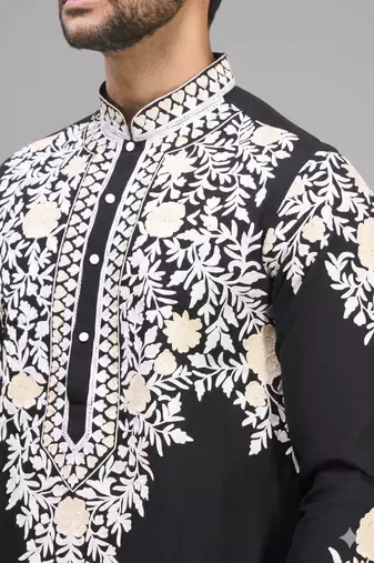 black embroidered men’s silk kurta patiala set