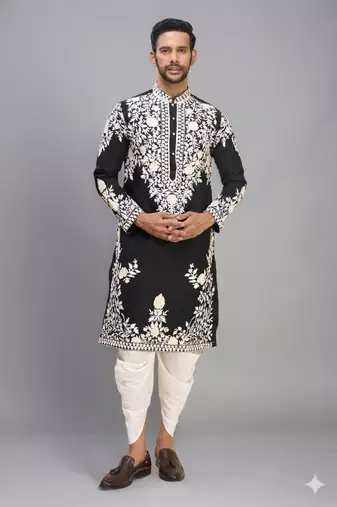 black embroidered men’s silk kurta patiala set