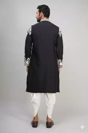 black embroidered men’s silk kurta patiala set