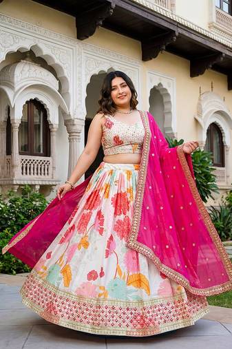 White Color  Sequins and Codding Embroidery Work  Silk Lehenga Choli Set