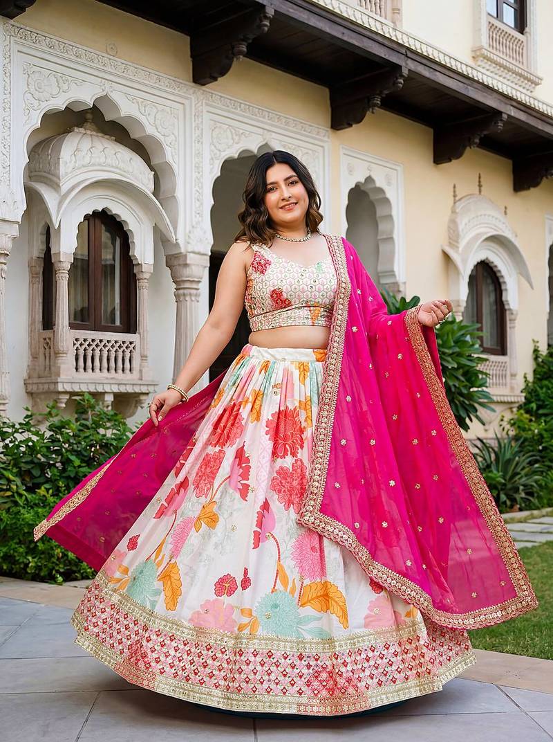 White Color  Sequins and Codding Embroidery Work  Silk Lehenga Choli Set