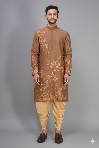 men’s brown embroidered silk kurta patiala set