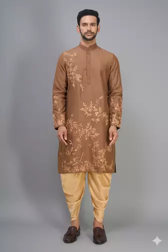 men’s brown embroidered silk kurta patiala set