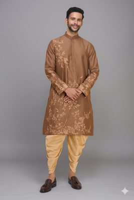men’s brown embroidered silk kurta patiala set 2