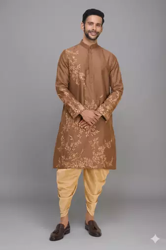 men’s brown embroidered silk kurta patiala set