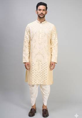 men’s cream embroidered silk kurta with patiala bottom set 1