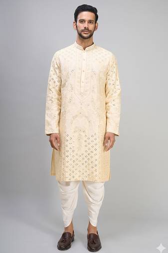 men’s cream embroidered silk kurta with patiala bottom set