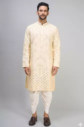 men’s cream embroidered silk kurta with patiala bottom set