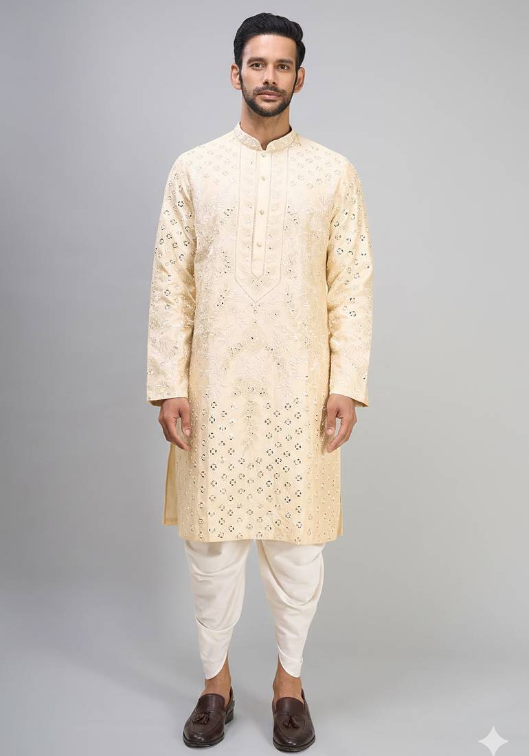 men’s cream embroidered silk kurta with patiala bottom set