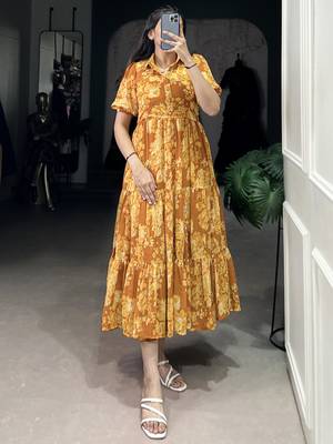 Stylish Mustard Yellow Flower Printed Georgette Summer Wear Dress 1