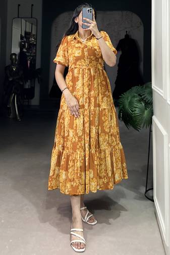 Stylish Mustard Yellow Flower Printed Georgette Summer Wear Dress