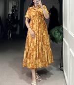 Stylish Mustard Yellow Flower Printed Georgette Summer Wear Dress