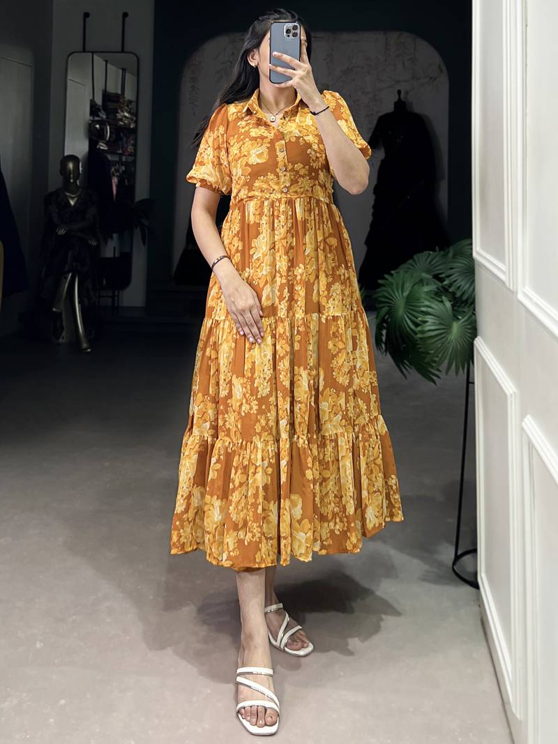Stylish Mustard Yellow Flower Printed Georgette Summer Wear Dress