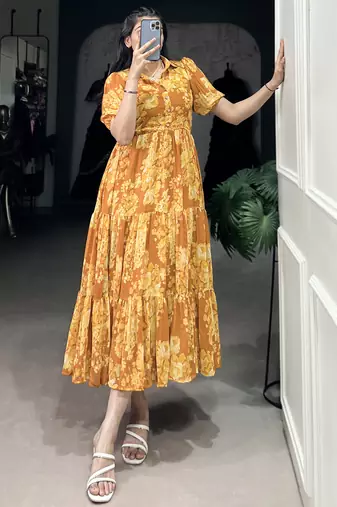 Stylish Mustard Yellow Flower Printed Georgette Summer Wear Dress