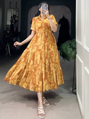 Stylish Mustard Yellow Flower Printed Georgette Summer Wear Dress 3