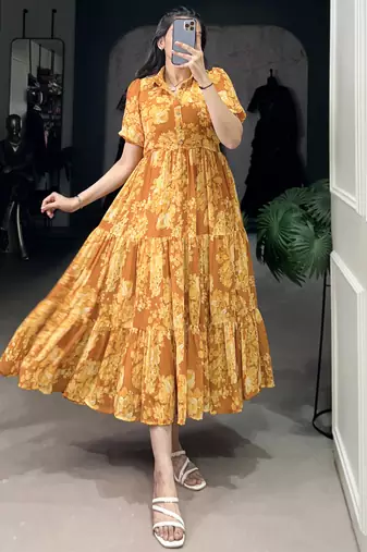 Stylish Mustard Yellow Flower Printed Georgette Summer Wear Dress
