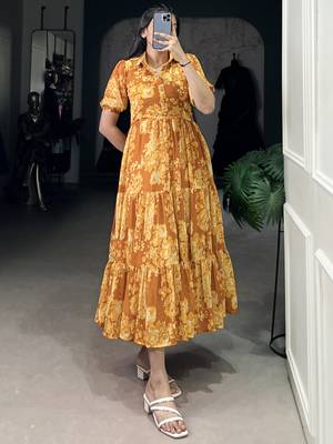 Stylish Mustard Yellow Flower Printed Georgette Summer Wear Dress 4