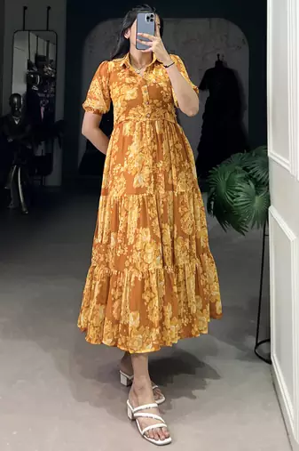 Stylish Mustard Yellow Flower Printed Georgette Summer Wear Dress