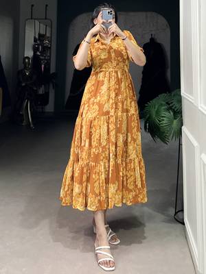 Stylish Mustard Yellow Flower Printed Georgette Summer Wear Dress 5