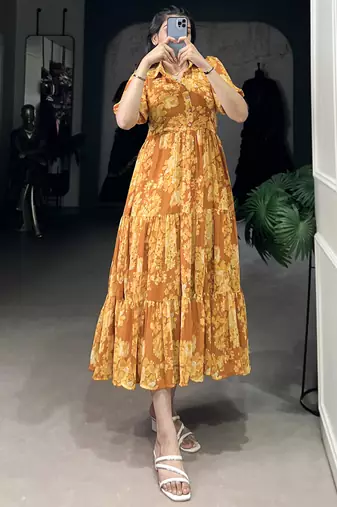 Stylish Mustard Yellow Flower Printed Georgette Summer Wear Dress