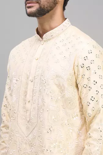 men’s cream embroidered silk kurta with patiala bottom set