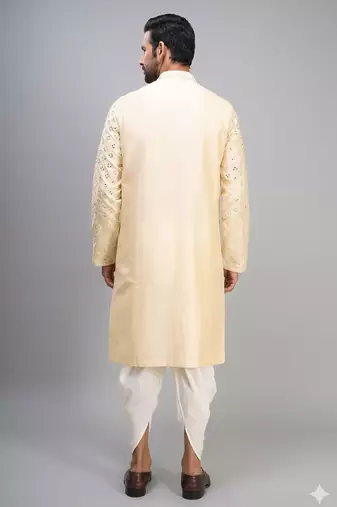 men’s cream embroidered silk kurta with patiala bottom set