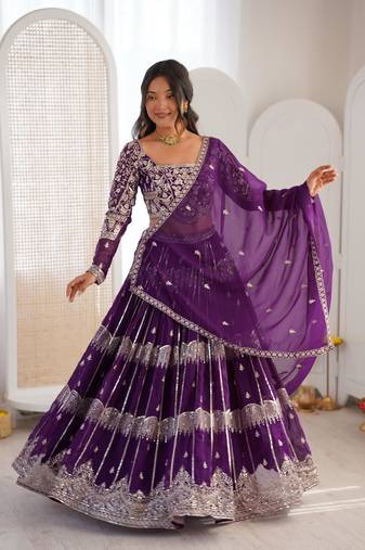 Purple Faux Georgette Lehenga Choli Set with Thread & Sequin Embroidery