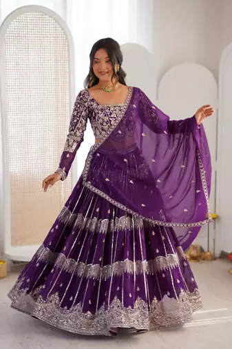 Purple Faux Georgette Lehenga Choli Set with Thread & Sequin Embroidery