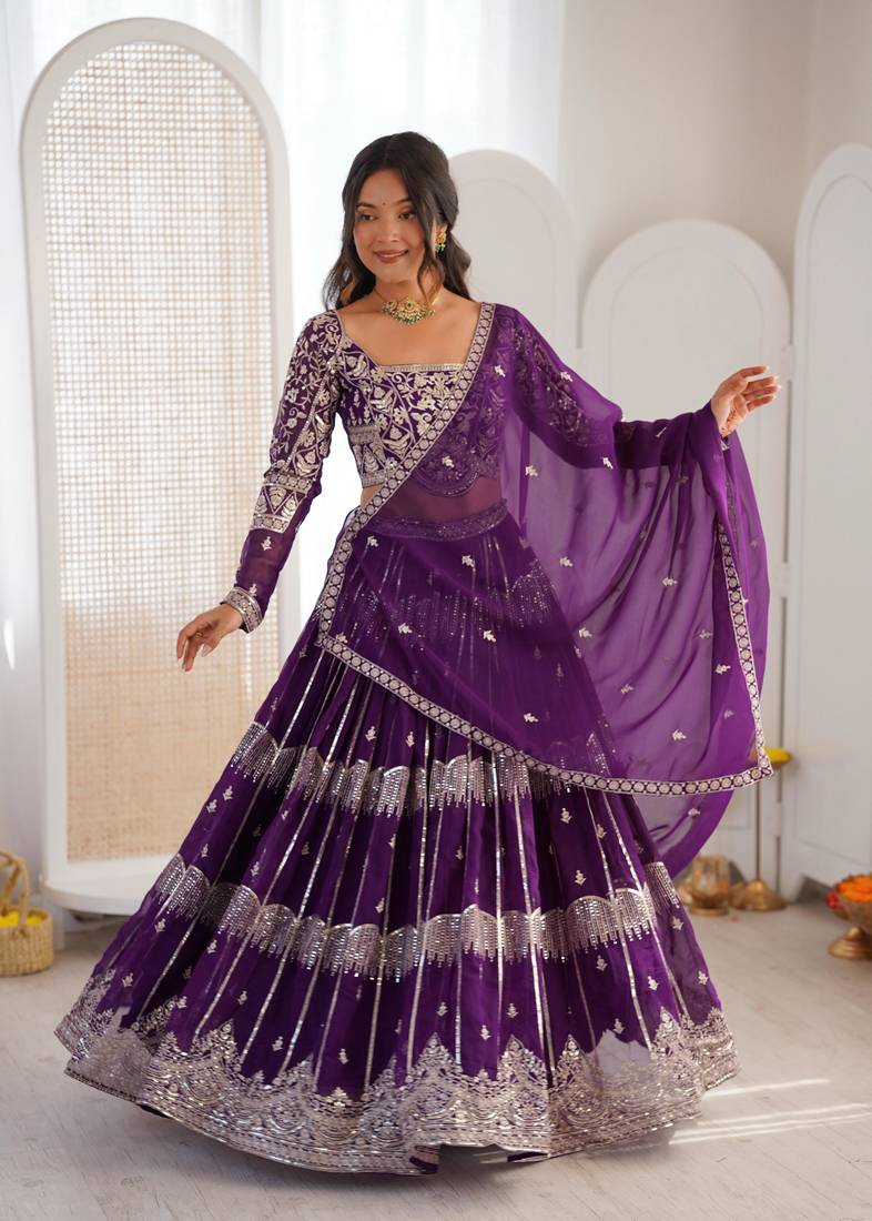 Purple Faux Georgette Lehenga Choli Set with Thread & Sequin Embroidery