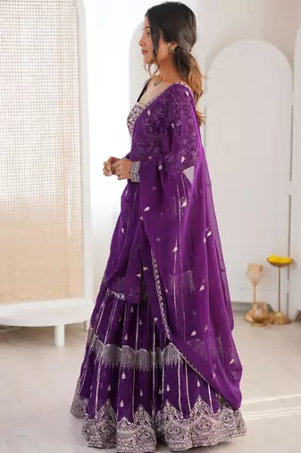 Purple Faux Georgette Lehenga Choli Set with Thread & Sequin Embroidery