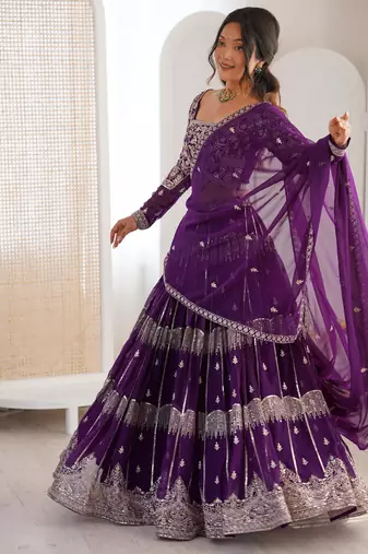 Purple Faux Georgette Lehenga Choli Set with Thread & Sequin Embroidery