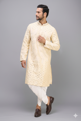 men’s cream embroidered silk kurta with patiala bottom set 4
