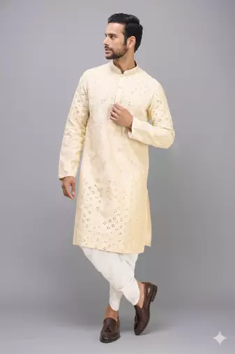 men’s cream embroidered silk kurta with patiala bottom set