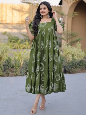 Exclusive Green Printed Cotton Casual Wear Dress 1