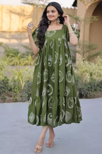 Exclusive Green Printed Cotton Casual Wear Dress