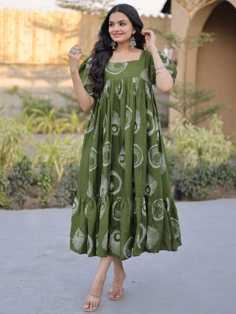 Exclusive Green Printed Cotton Casual Wear Dress