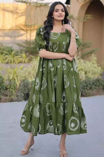 Exclusive Green Printed Cotton Casual Wear Dress