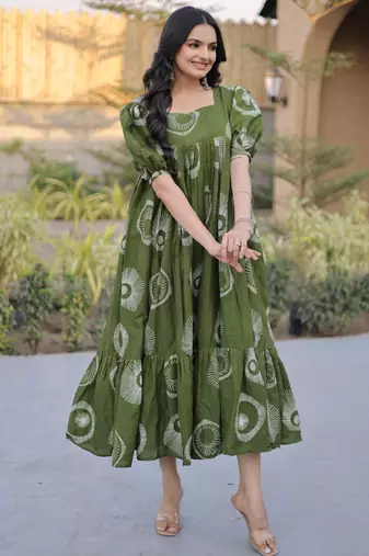 Exclusive Green Printed Cotton Casual Wear Dress