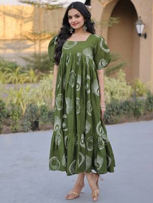 Exclusive Green Printed Cotton Casual Wear Dress 5