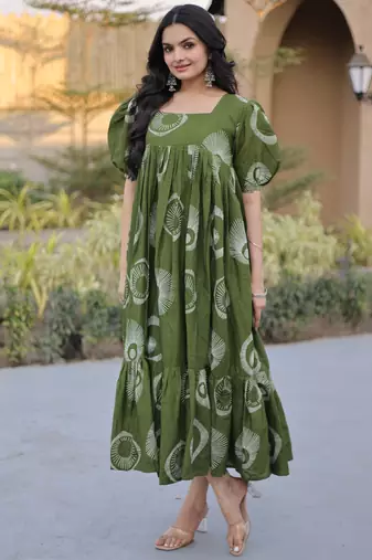 Exclusive Green Printed Cotton Casual Wear Dress